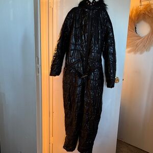 Shiny Black Hooded Snowsuit with faux Fur Trim
